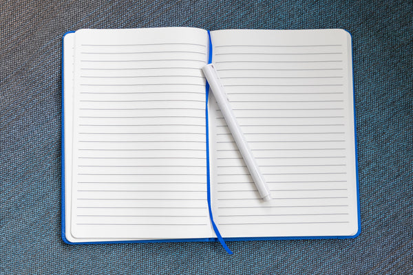 An open notebook is displayed with a blue ribbon bookmark and a white pen