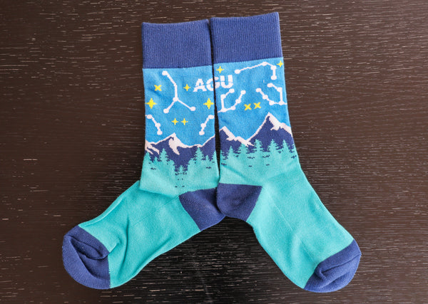 AGU socks feature constellations on a night sky above a landscape of mountains and pine trees, in hues of blue, green and yellow
