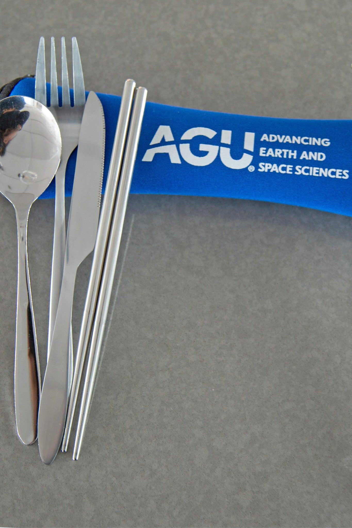 A set of stainless steel flatware is displayed next to a blue pouch with the AGU logo printed in white.