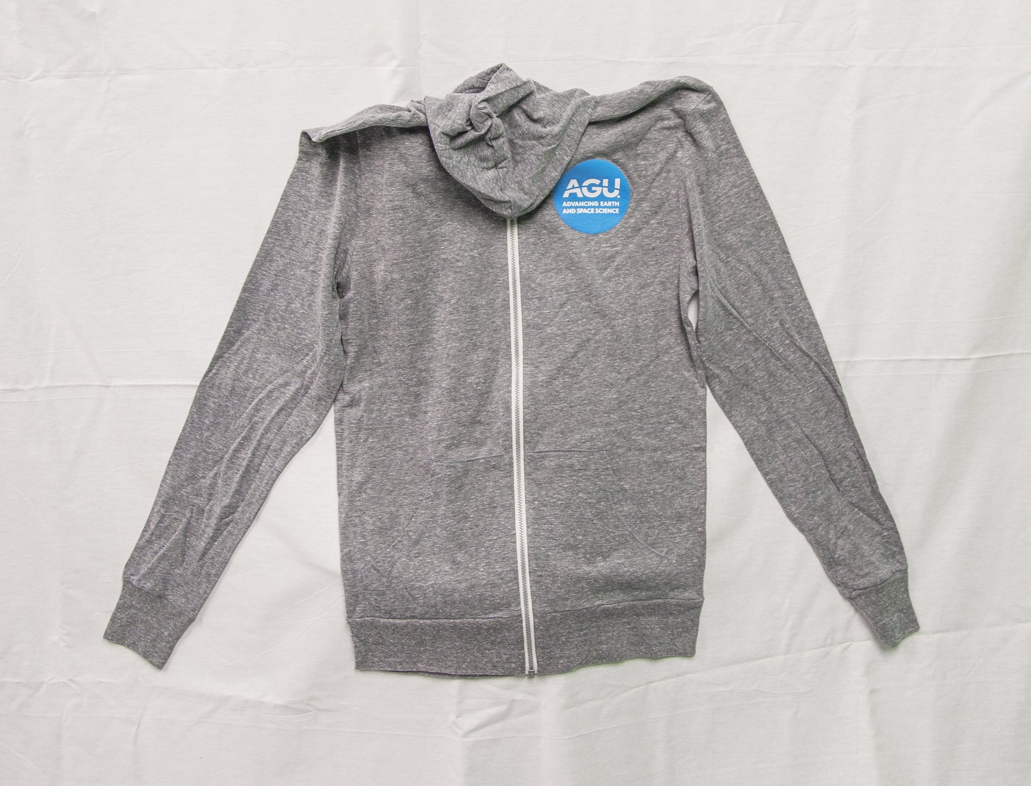 Lightweight gray zip-up hoodie with AGU logo printed in white and blue