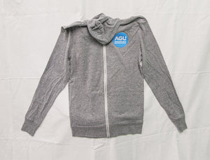 Lightweight gray zip-up hoodie with AGU logo printed in white and blue