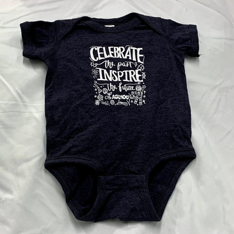 Dark gray onesie with "Celebrate the Past / Inspire the Future" and "AGU100" printed in white