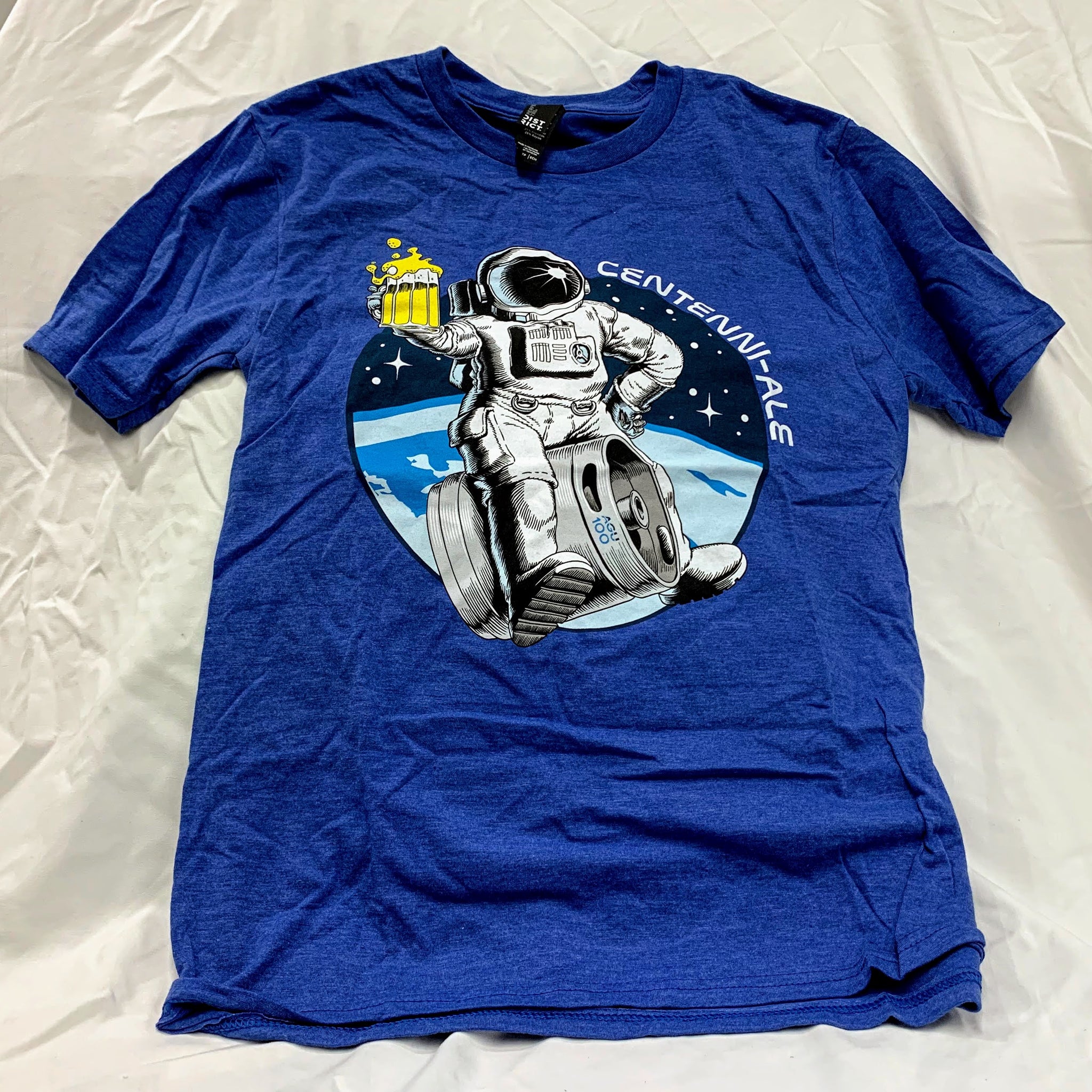 Blue AGU100 "Centenni-Ale" t-shirt with illustration of astronaut and keg