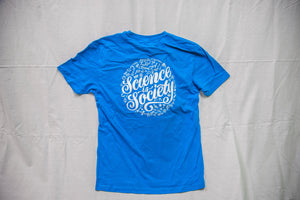 Blue t-shirt with "Science is Society" design printed in white